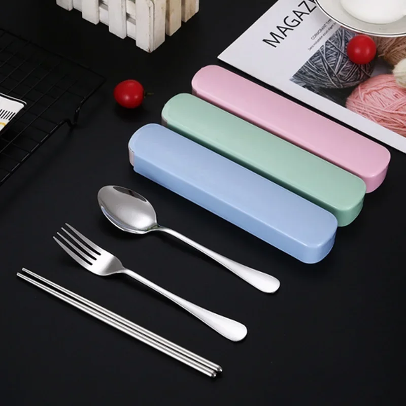 Juego de vajilla de viaje portátil de 3 unidades, vajilla de acero inoxidable con caja, tenedor de cocina, cuchara, juego de cena para niños, cubiertos escolares