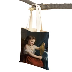 Vintage Style Shopping Bags for Women Double Print Casual Medieval Europe Oil Painting Children Canvas Shopper Bag Handbags