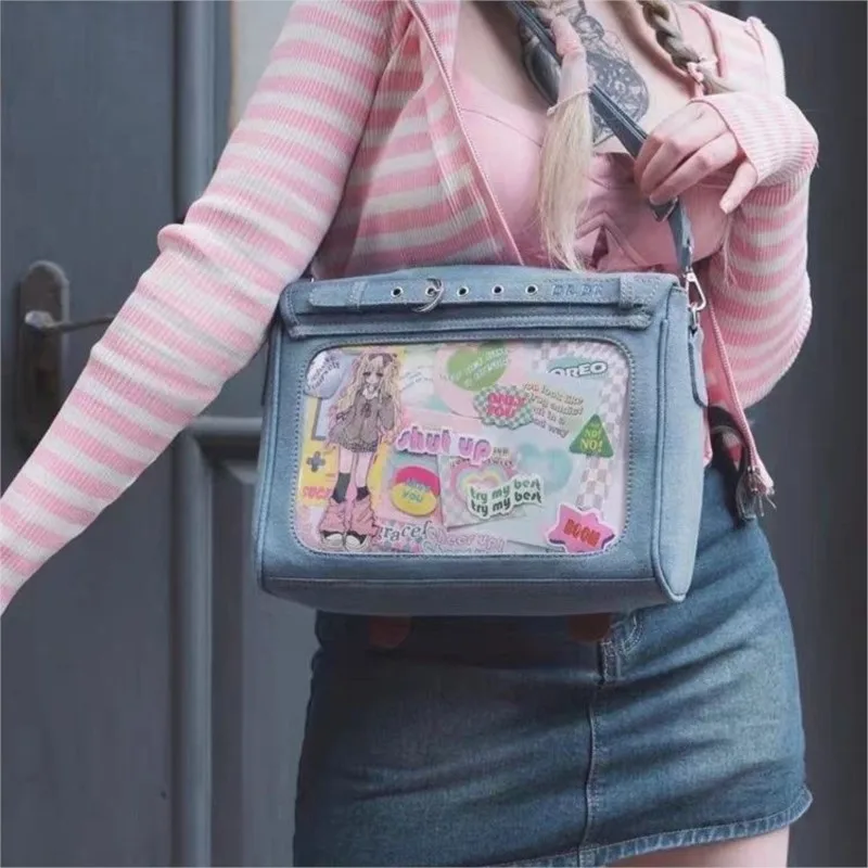 Imagem -02 - Jiaerdi-bolsa de Mensageiro Denim Japonês para Mulheres Harajuku Transparente Ita Bolsas Bolsa Feminina Azul Casual Crossbody Bolsas Novo