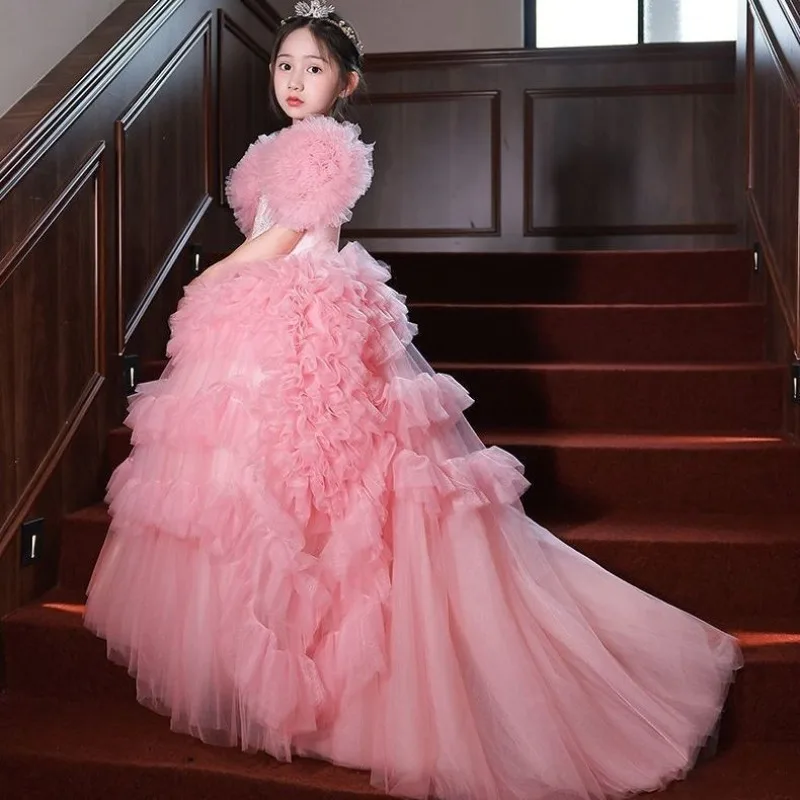 Children's Performance Evening Dress Flower Girl Tail Little Girl Pongsa Pink Princess Girl Dresses Flower Wedding Party Events