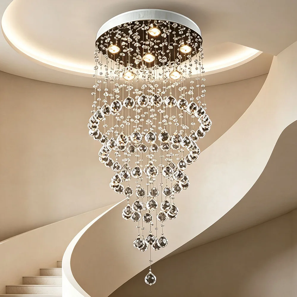 Modern Flush Mount Crystal Chandelier Long Spiral Ceiling Light For Duplex Villa Rotating Staircase Hotel Lobby Indoor Lighting