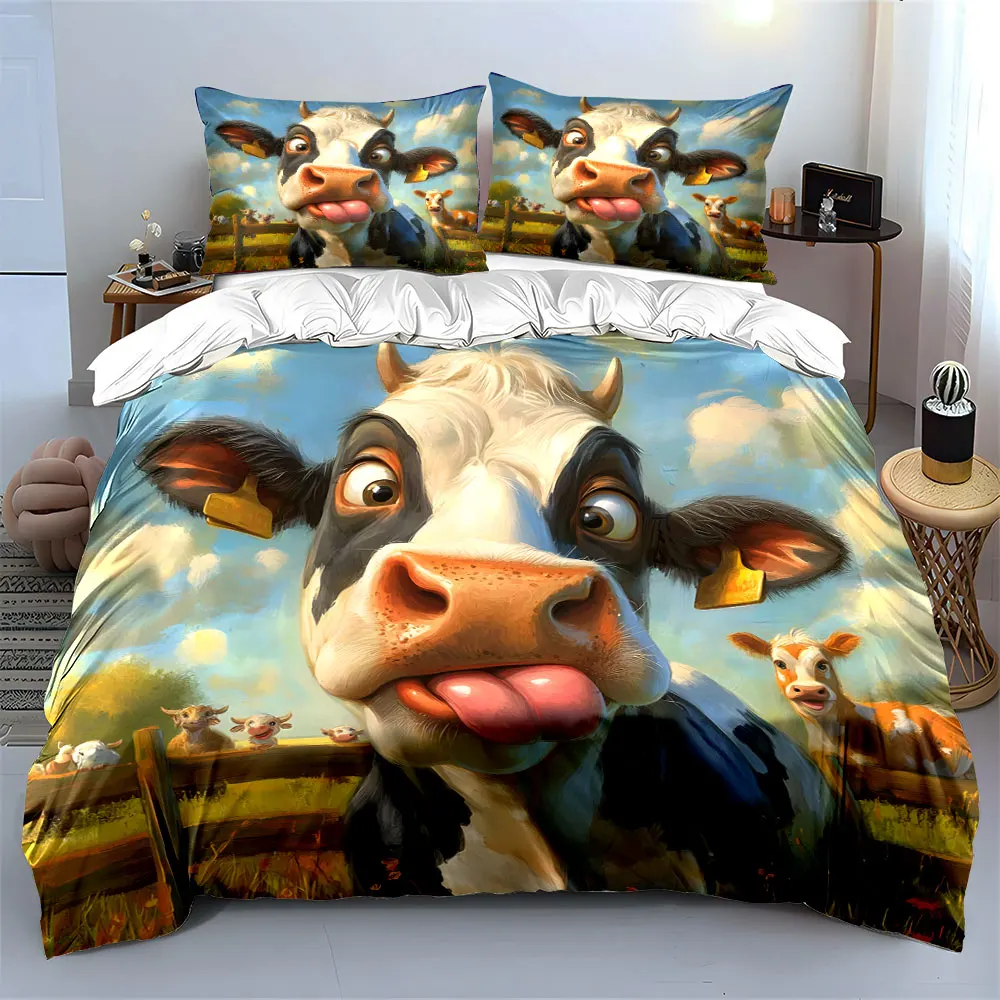 Playful cow sticking out tongue Pattern Duvet Cover Set Digital Print Colorful Polyester Bedding with Zipper Closur kids gifts