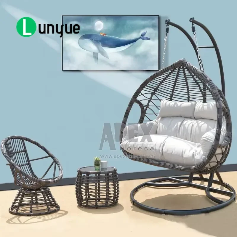 Metal Steel Frame Outdoor Rattan Wicker Double Seat Hanging Egg Swing Chair for Patio Garden Backyard Durable Weather