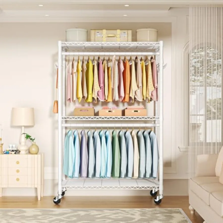 رف ملابس دوار P1 Plus بإطار عالي التحمل بقطر 22 مم وعجلات للاستخدام المنزلي وخزانة ملابس محمولة مع خزانة ملابس مزدوجة R