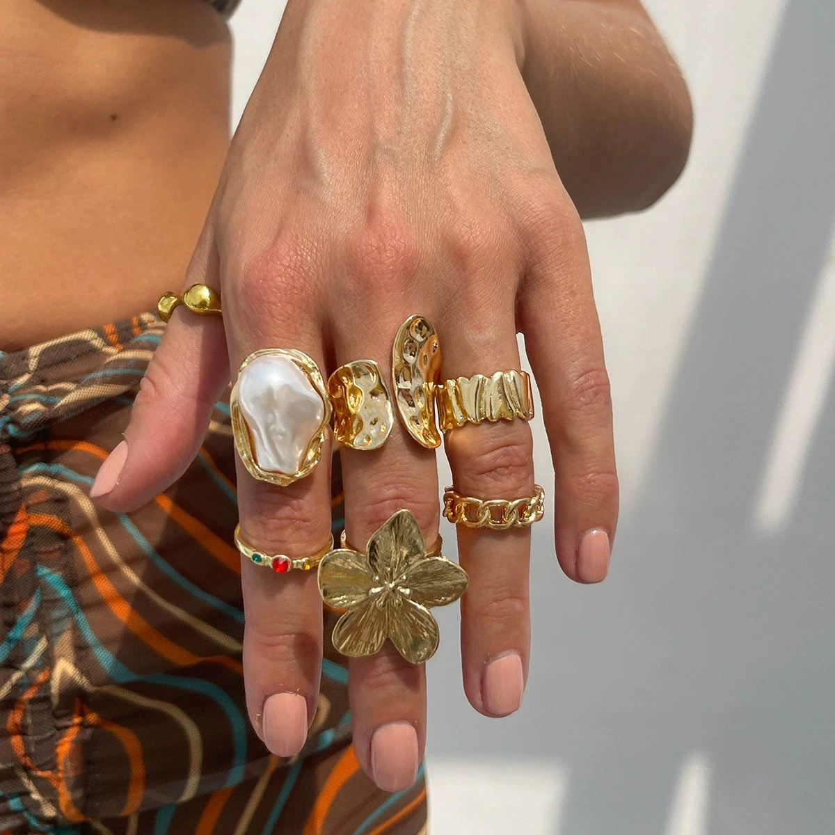 Rings Set Vintage Gold Color Geometric Pearl Flower Metal Finger Ring Set Trendy Jewelry for Women New Accessories