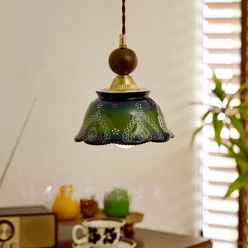 Boho Vintage Green Pattern Glass Pendant Light Wood Ball Hanging Lamp Kitchen Dining Cafe Decor Ceiling Lamp