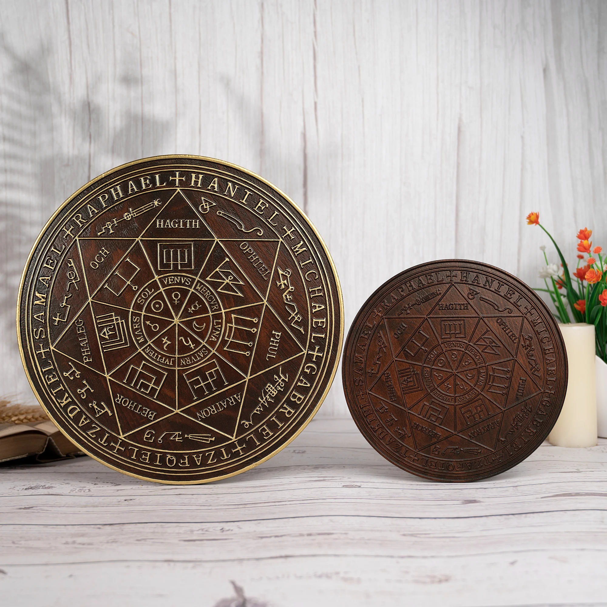 Seven Archangels Saint Michael Seal Wood Carved Home Ornament, Protection Amulet, Hanging Plaque