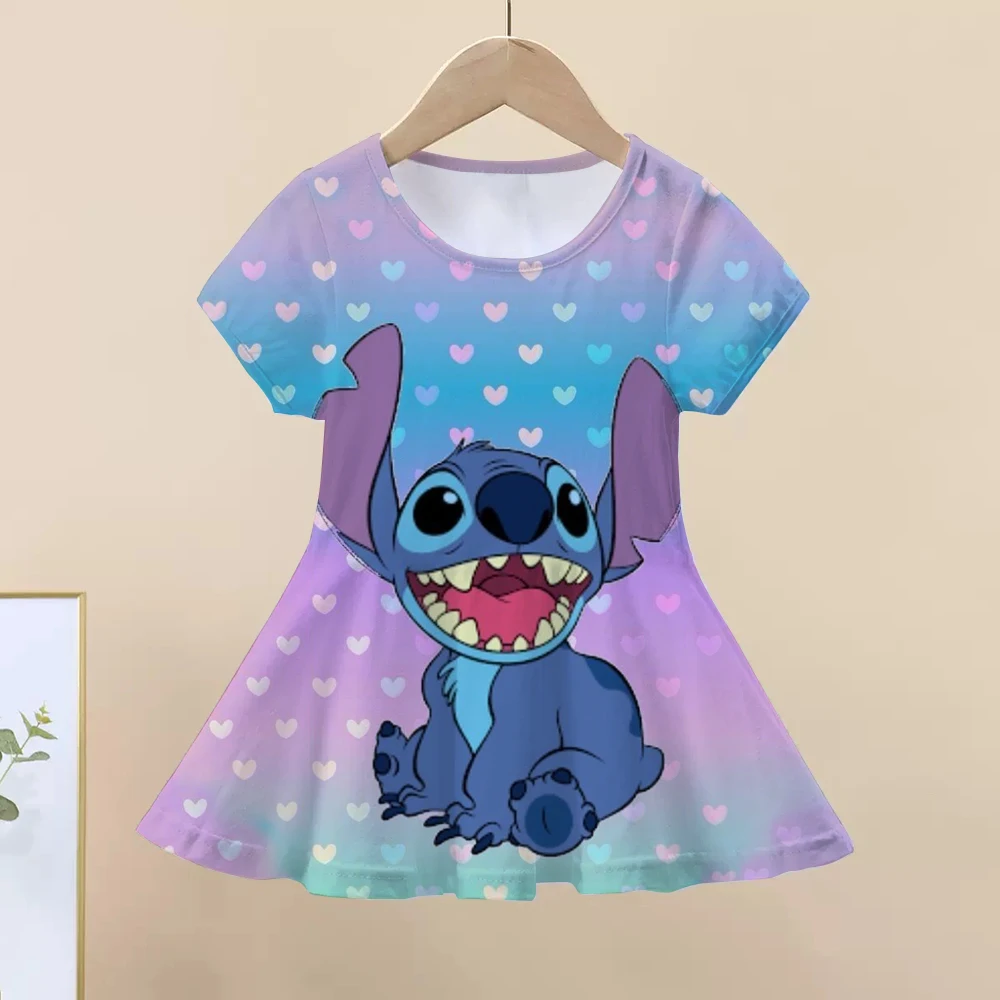 

Disney Stitch Party Casual Home Dresses For 3-14 Years Children Baby Girl 3D Print Imitation Cotton Short Sleeves Dress