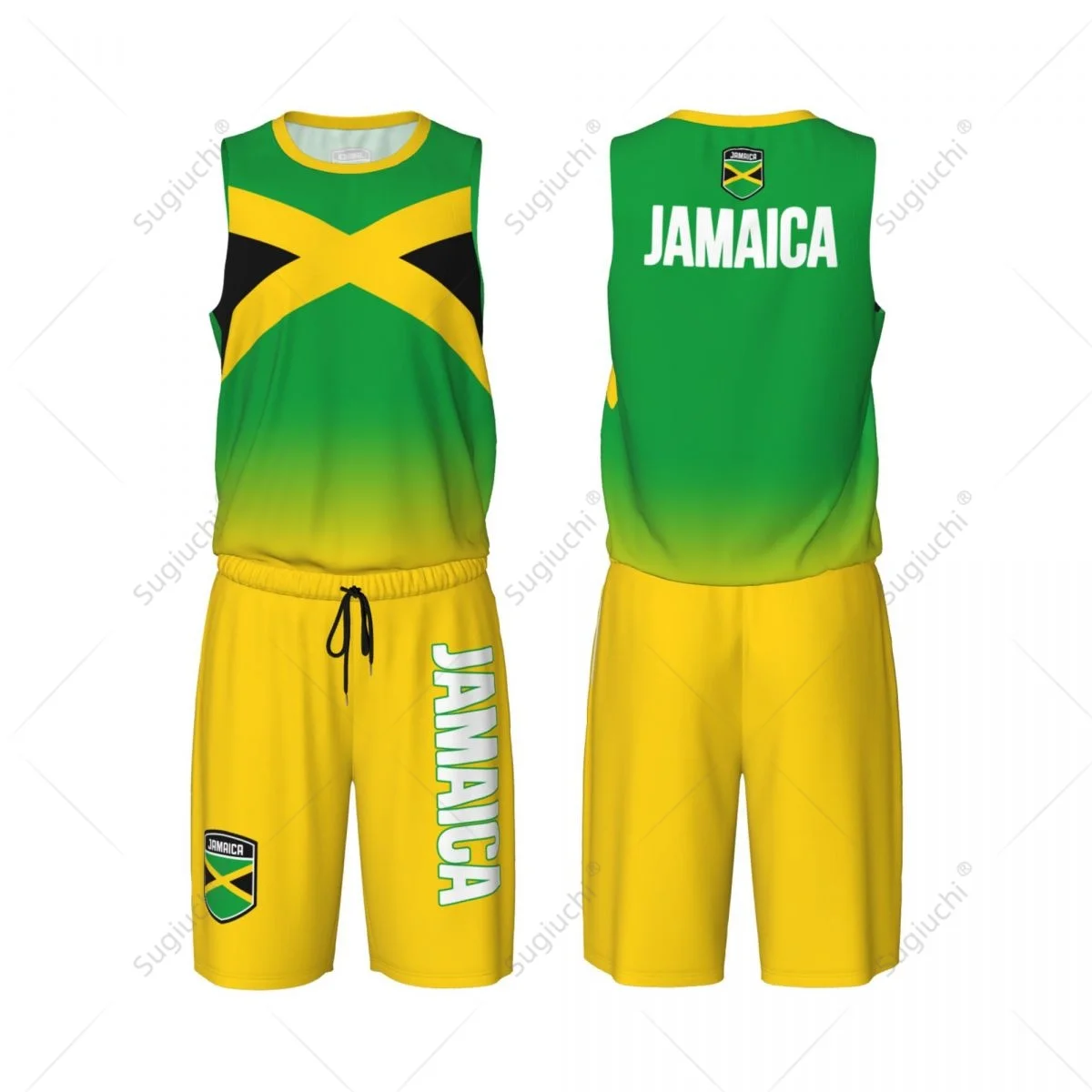 Men Jamaica Flag Basketball Jersey Set Mesh Shirt & Pants Sleeveless Exclusive Team-up Custom Name Nunber Unisex