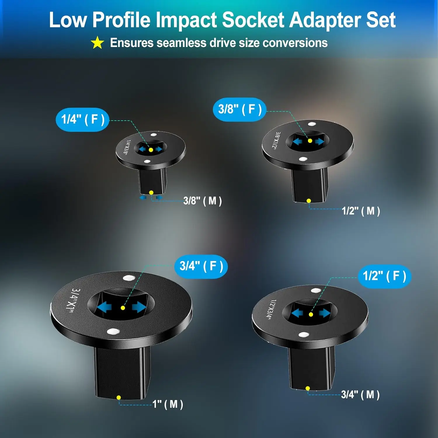 2025 مجموعة محول مقبس التصادم منخفض المستوى، 3/8 بوصة إلى 1 بوصة، 4 قطع #6