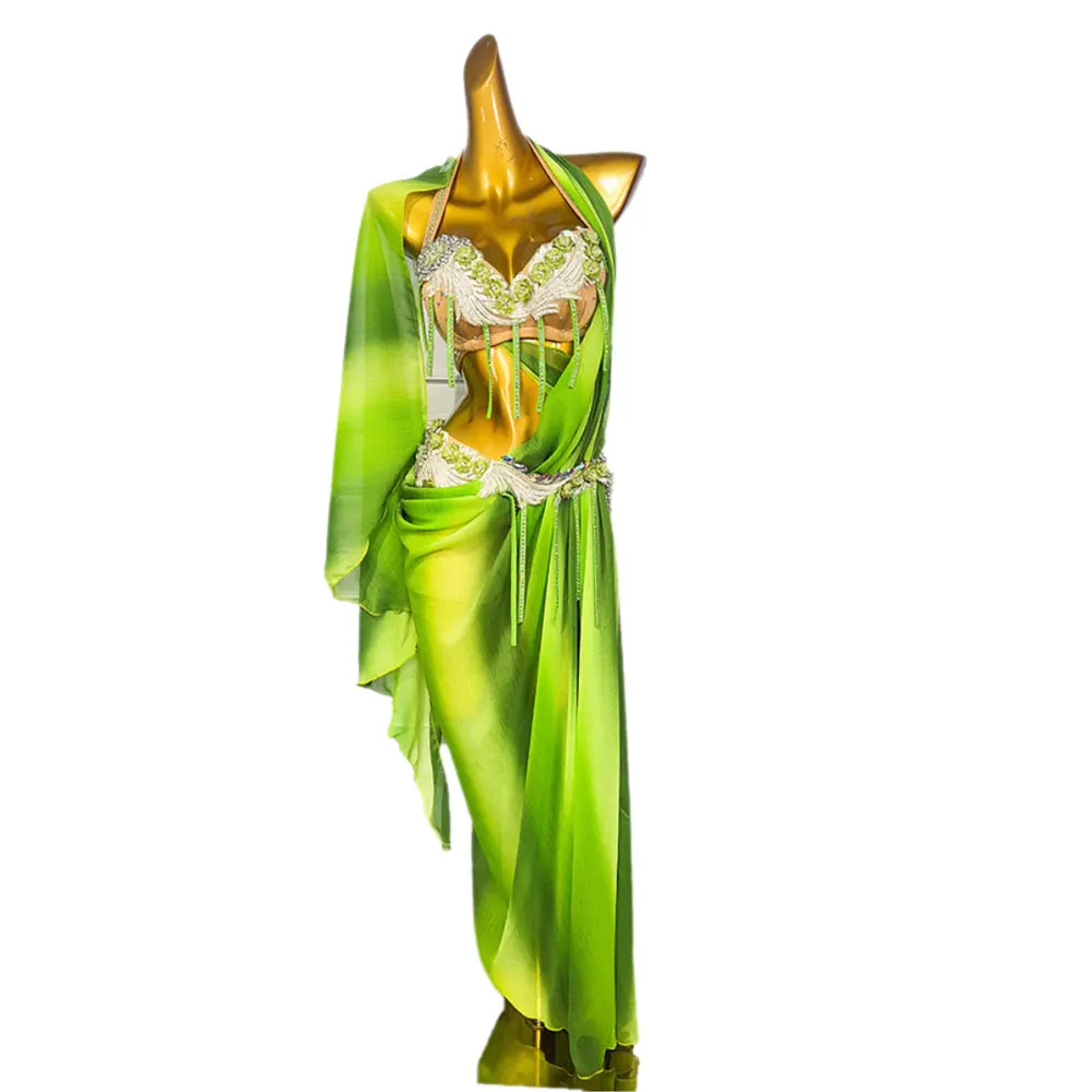 زي الرقص الشرقي حجر الراين الإناث الكبار الراقية معلقة الرقبة الجوف شق تنورة طويلة أداء السامبا فستان فلاش عالية