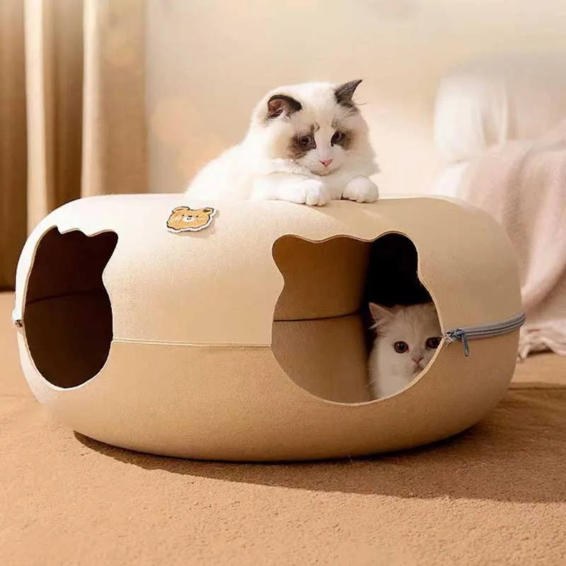 

Cushion Hood Cozy Pet Bed Yellow Round Removable Toys Sleeping Cat Bed Donut Tunnel Indoor Domek Dla Kota Cat Accessories