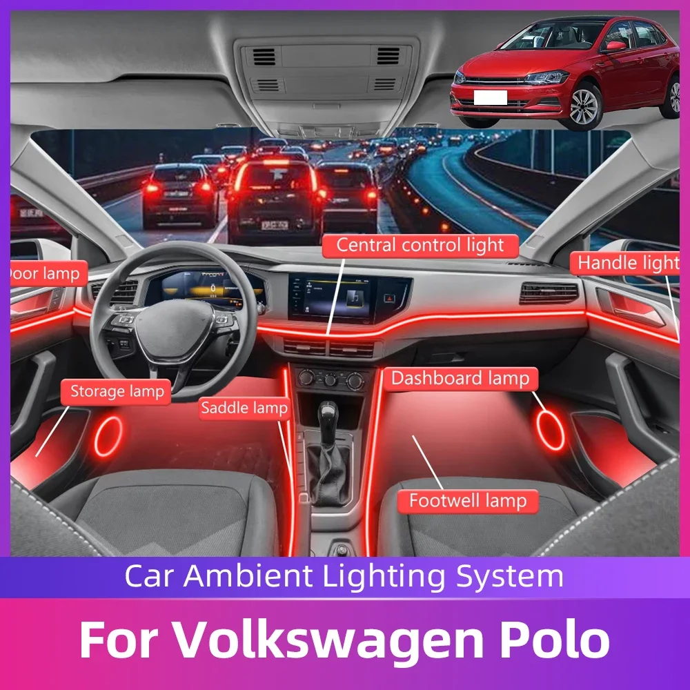 For Volkswagen Polo Car Interior Decorative Ambient Light RGB 64-Color LED Strip By APP Control to Enrich Driving Experience