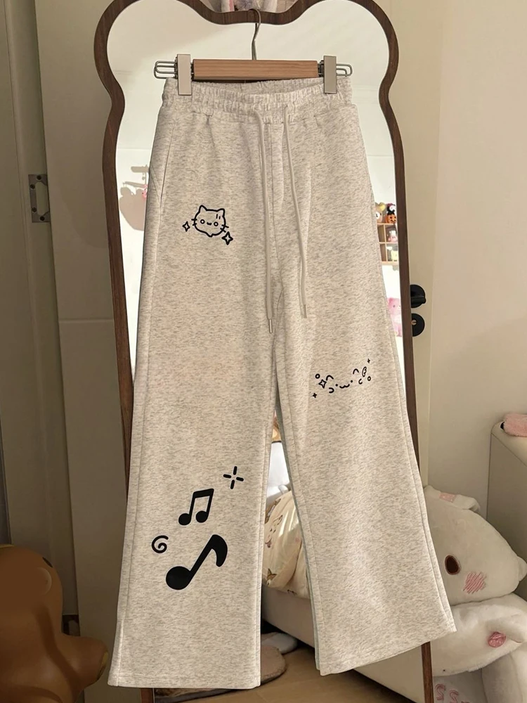 Fall Cute Cartoon Pants Women Preppy Style High Waist Sweet Kawaii Trousers Casual Loose Female All Match Lace Up Wide Leg Pant