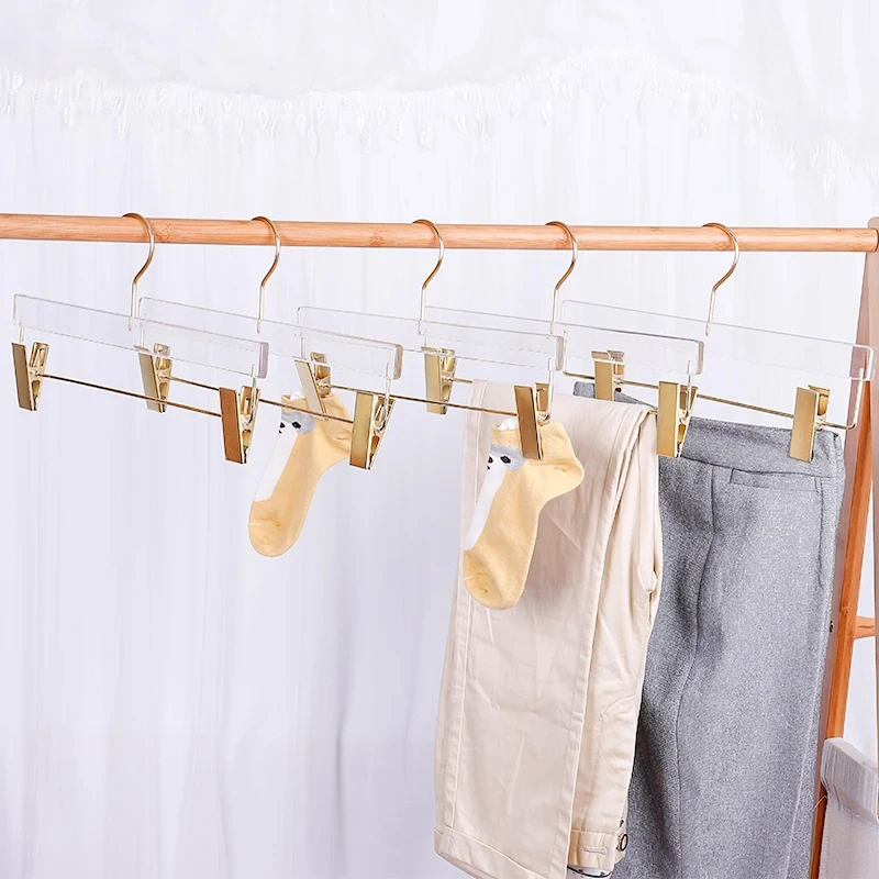 High-quality 5/10pcs Acrylic Hanger Transparent Pants Hanger Closet Organizer Clothes Trouser Rack with Clip Wardrobe Storage