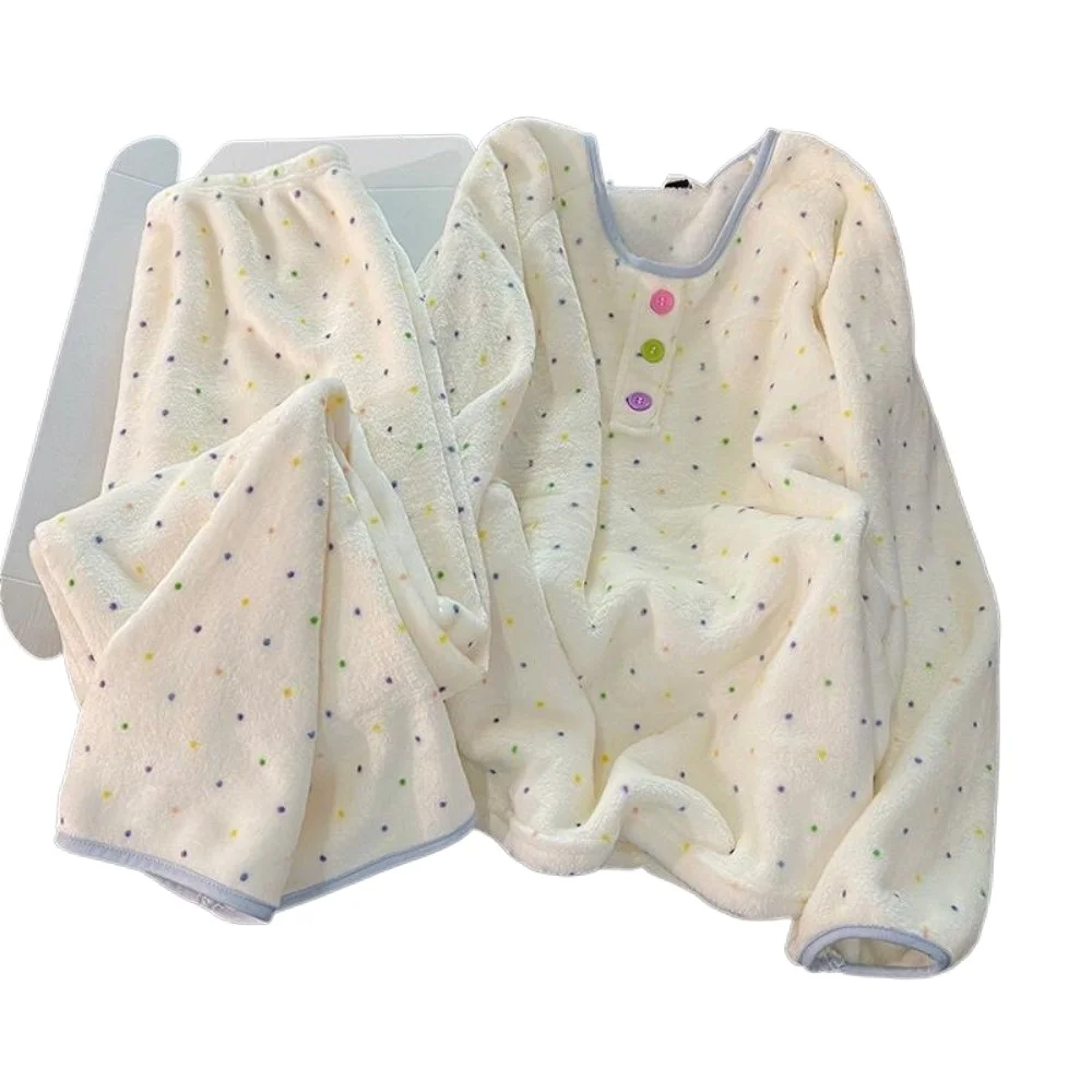 Women's Winter Warm Flannel Pajama Set, Soft Coral Fleece Pullover Sleepwear with Colorful Dots, Cozy Thickened Home Lounge Suit