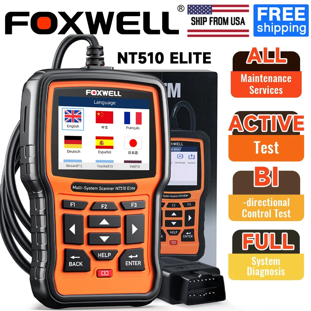 FOXWELL NT510 Elite Scan Tool fit for Car Scanner Full Diagnostic Tool OBD2 Scanner All System Bi-Directional Control Code Read