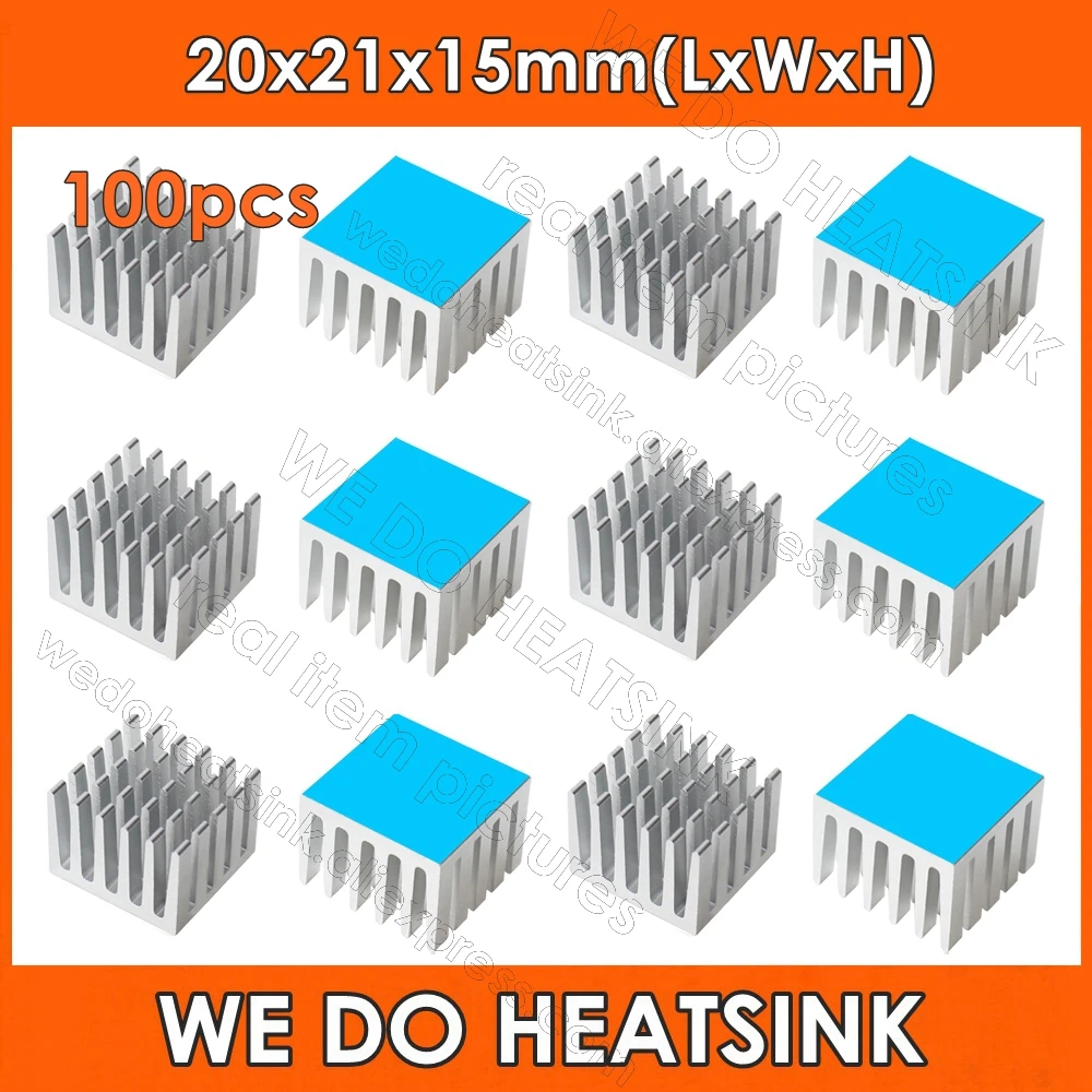 DO HEATSINK 100pcs 20x21x15mm Silver Slotted Anodized Aluminum Heatsink Radiator With Thermal Conductive Adhesive Transfer Pads