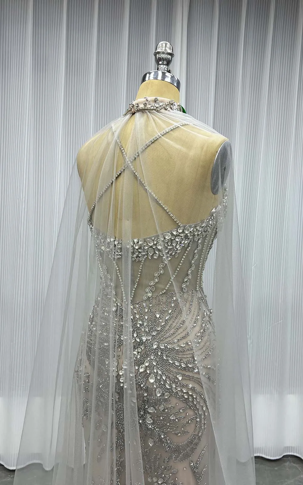 YQLNNE 066 Silver Nude Handmade Crystals Beaded Evening Dresses Formal Party Gown With Shawl