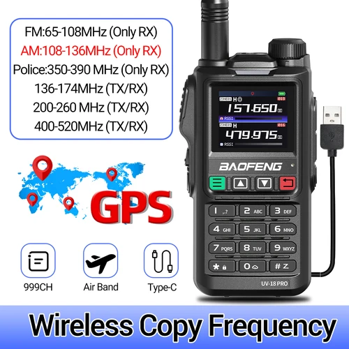 Baofeng UV-18 PRO MAX GPS 워키토키 장거리 공기 멀티 밴드 무선 복사 주파수, 고출력 C 타입 양방향 라디오 