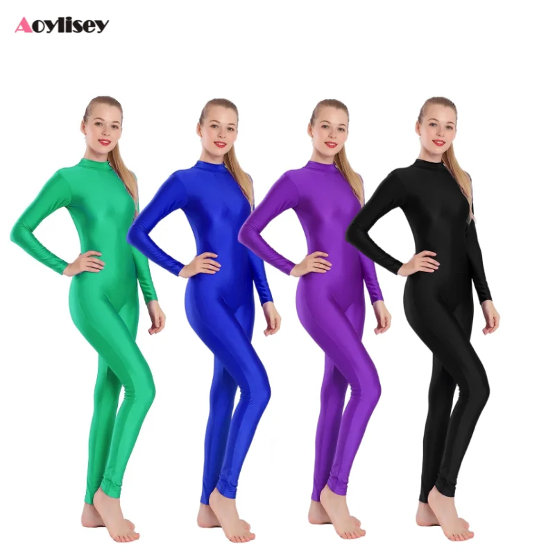 Frauen Ganzkörper Unitard Roll kragen zurück Reiß verschluss Dance wear Langarm Ballett Spandex Overall Spiel anzug Workout Yoga Fitness