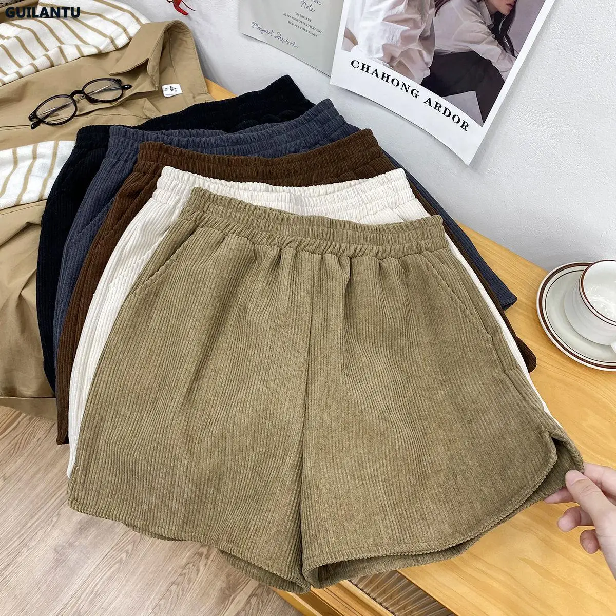 Vintage Corduroy Women's Shorts Spring Summer Casual Elastic High Waist Wide Short Pants Solid All-match Loose Shorts Woman