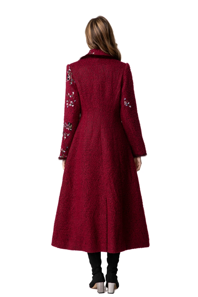 Stunning Burgundy Embroidered Sequin - Trimmed Fluffy Maxi Coat with Fur - Trimmed Lapel Collar for Fall/Winter S-4XL