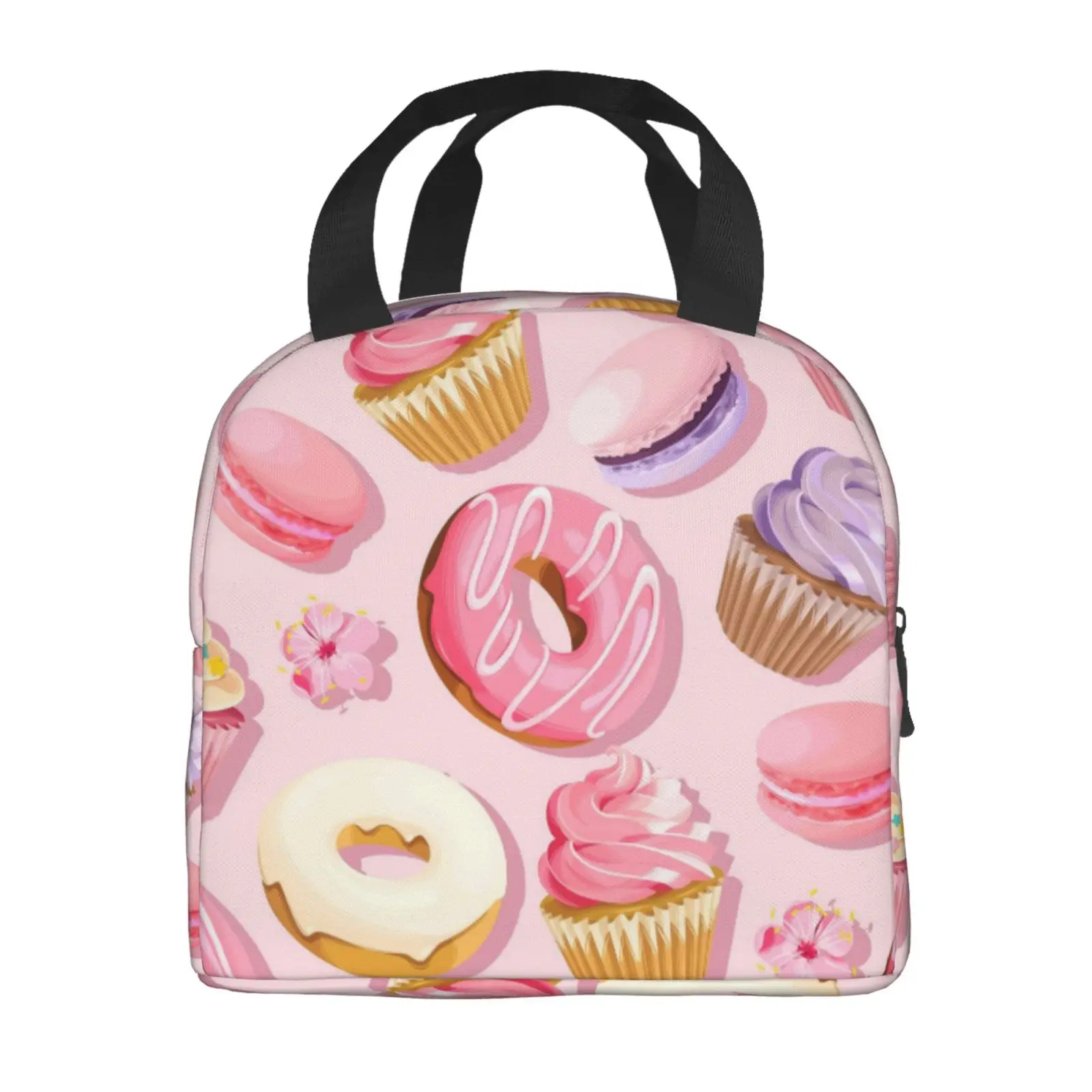 Pink Macaron Cupcakes and Donuts Insulated Lunch Box Leak-proof Thermal Cooler Lunch Bag for Men Women Kids Work Trip Picnic