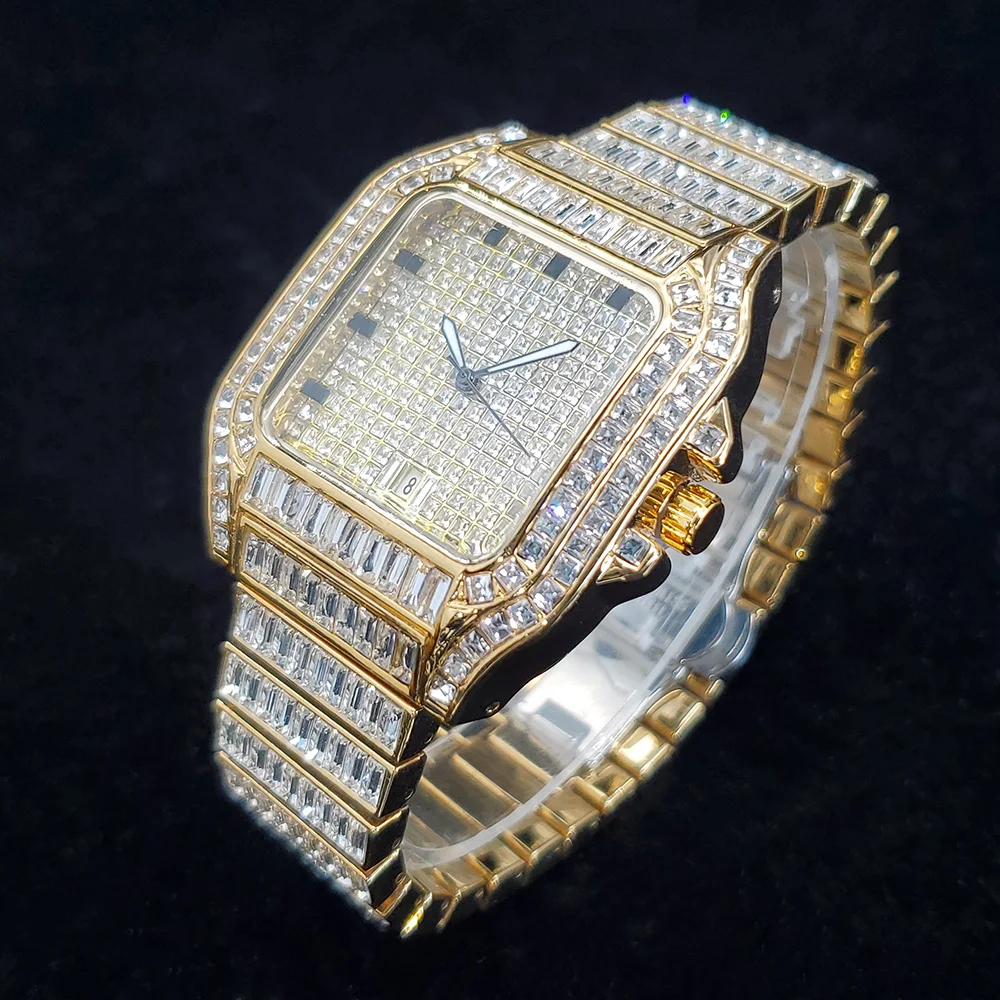 Square Daimond Watches for Men Luxury Golden Stainless Steel High Quality Watch Famous Brand Fashion Bling Waterproof Clock Gift