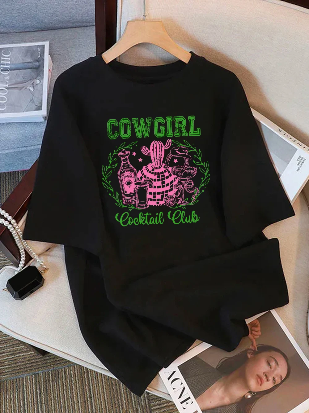 

Summer T-Shirts Women Cotton Cowgirl Cocktail Club Print Tops Loose O-Neck Soft Comfortable Short Sleeve Holiday Woman Clothes