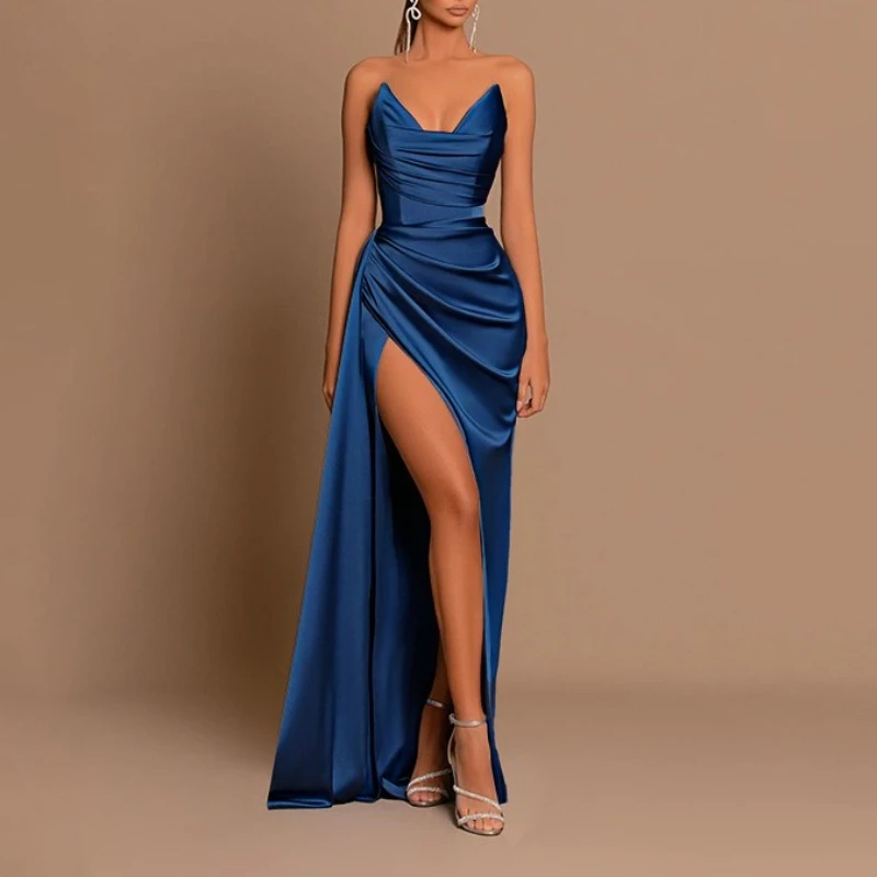 

Summer New in Matching Sets Style Sexy Slim Fit Deep V Waist Satin Split Elegant Party Women's Dresses