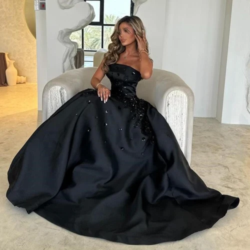 Imagen 2 del producto Vestido RORU negro A-Line vestido de noche sin tirantes sin mangas satén hasta el suelo con cristal mujeres fiesta vestidos de graduación personalizados