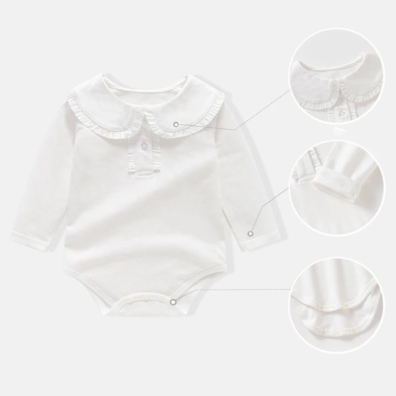 

Весенние комбинезоны для маленьких девочек с воротником Питера Пэна, однотонные комбинезоны для новорожденных девочек, простые детские боди из чистого хлопка для маленьких девочек