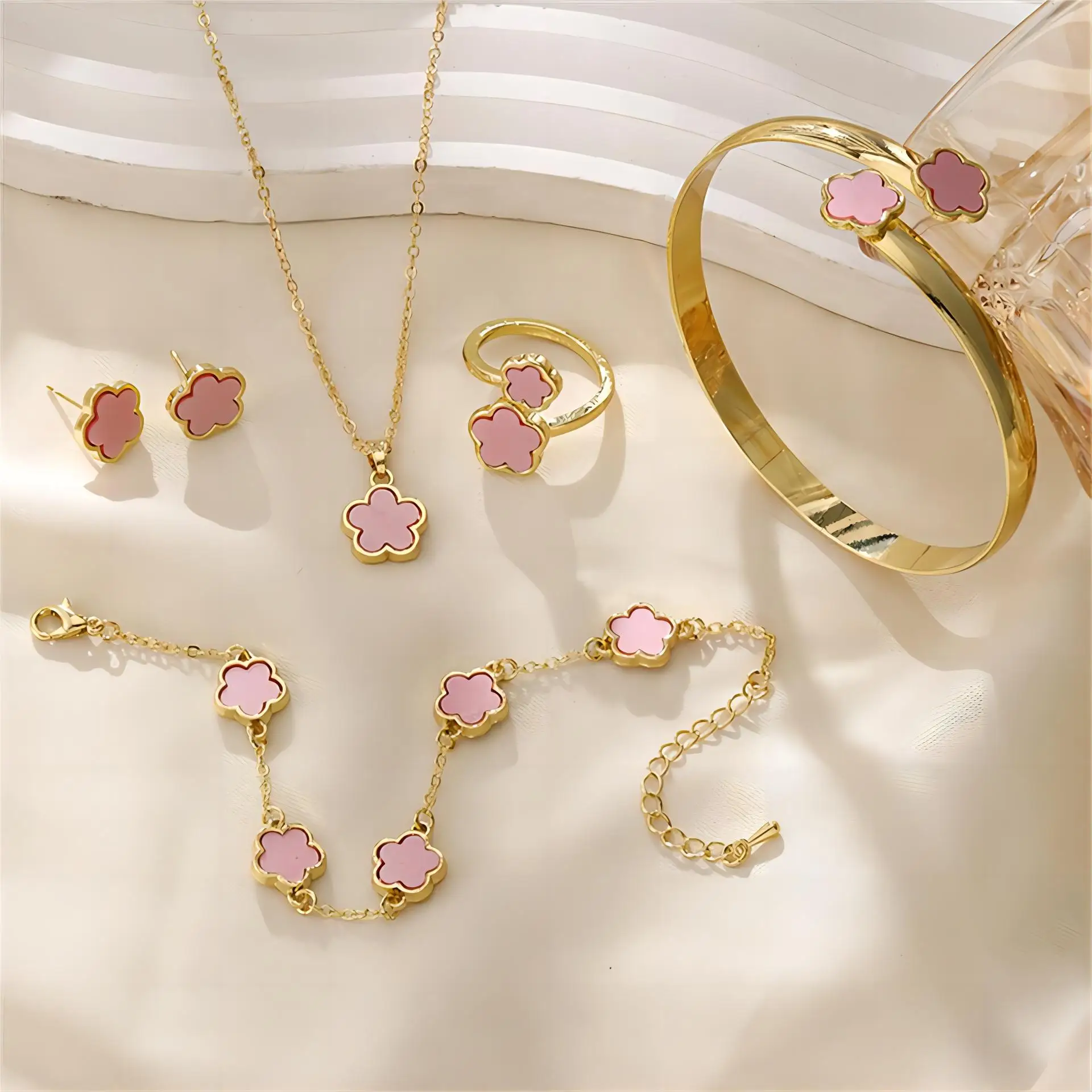 ZAKOL Lucky Five Leaf Clover Flower Stud Earrings Necklaces Rings Bracelets Bangles 5 PCS Jewelry Sets For Women Girls Gifts