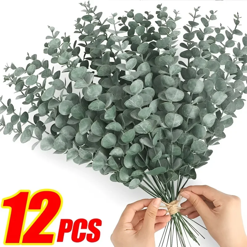 12/6PCS  Eucalyptus Leaves Bunch Branch Artificial Plastic Plants Leaves Green Stems Wedding Faux Fake Flowers Cake DIY Decor