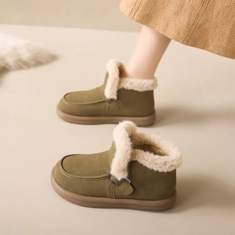 2024 Shoes Woman Flats Round Toe Casual Female Sneakers Slip-on Loafers Fur Dress Winter Retro Slip On New Lace-Up Rubber Flock