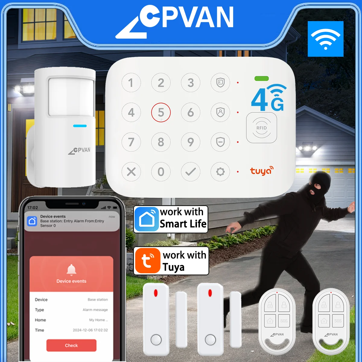 CPVAN Smart Panel Wireless WIFI Tuya 4G Keypad Built-in Siren with Door Sensor/PIR for Home Security Burglar Alarm Keyboard