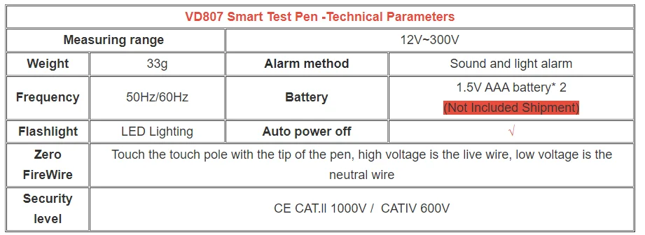 ANENG VD807 One-word Induction Tester Portable 50/60Hz Smart Electric Pen NCV Sensor AC 12-300V Non-contact Wire Detector Tools