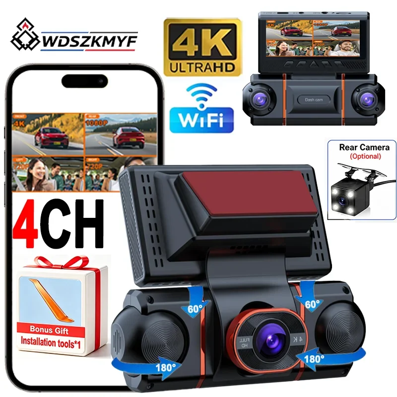New 4CH Car Dash Cam 4K UHD 360° Panoramic WIFI Car DVR 1080P Front Rear Left Right Night Vision Car Video Recorder G-Sensor