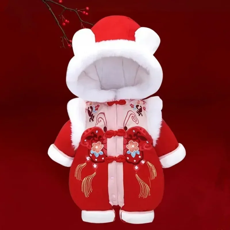 Baby Winter Onesie Baby Spring Festival Newborn Hooded Outing Clothes Super Cute Full Moon Ha Clothes New Year Clothes