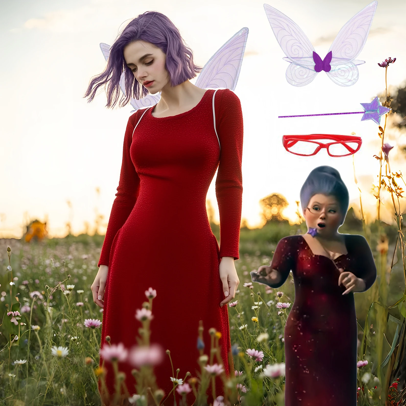 sachin and babi light blue dress Shrek Fairy Godmother Costume Cosplay Dress Wings Womens Red Dress Outfits  Party main image 0