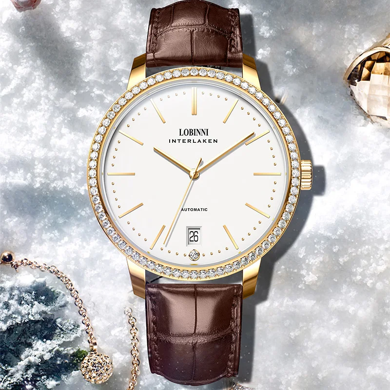 LOBINNI Women's Automatic Mechanical Watch Luxury Brand MIYOTA 9015 Diamond Leather 8.5 mm Ultra-thin Case Sapphire  L12028L
