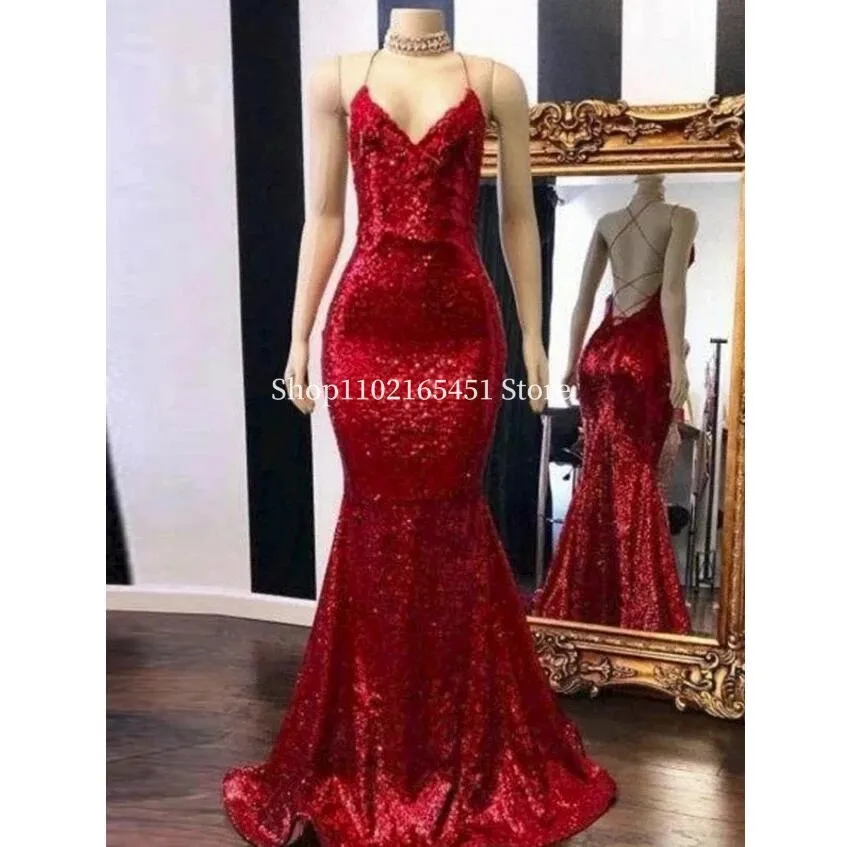 Vestidos De Noche De lentejuelas ostentosas, vestido De fiesta Formal con espalda descubierta De sirena para mujer, vestido De fiesta africano elegante con cuello en V, bata De velada personalizada