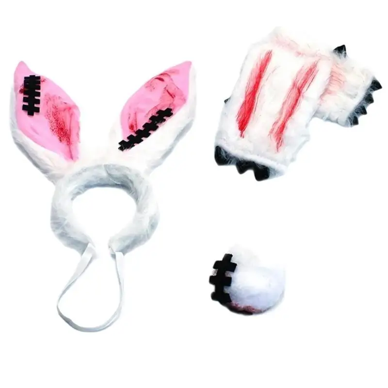 39bd Halloween Cosplay Konijnen Kostuumaccessoire met konijnen Oren Hoofdband Furry Tail en handschoenen voor vrouwen