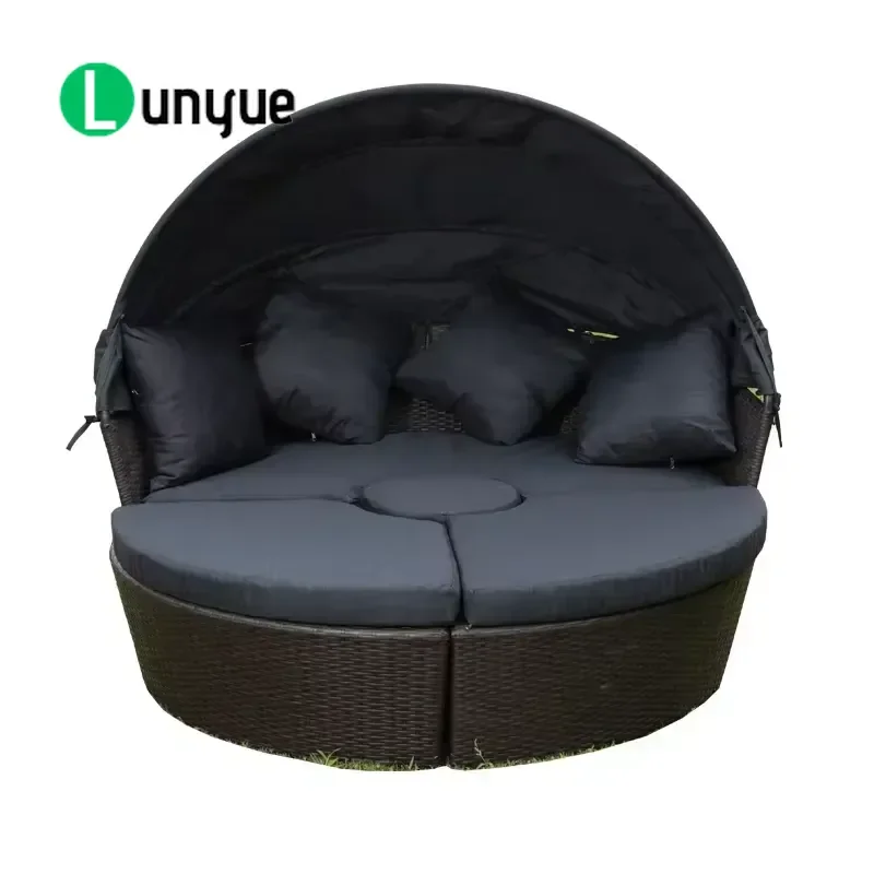 Modern Round Rattan Sofa Bed Adjustable Shade Foldable Outdoor Garden Patio Furniture Leisure Set Durable Weather Resistant