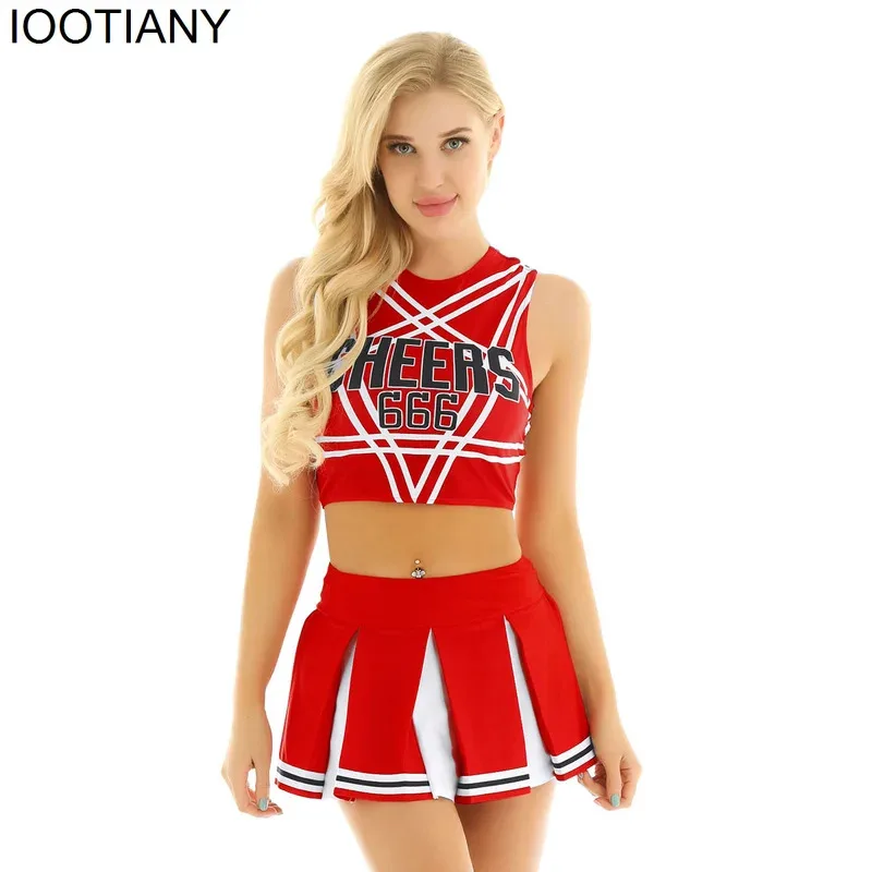 

Cheerleader Costume Women Japanese Schoolgirl Cosplay Uniform Girl Sexy Lingerie Sleeveless Crop Top with Mini Pleated Skirt Set