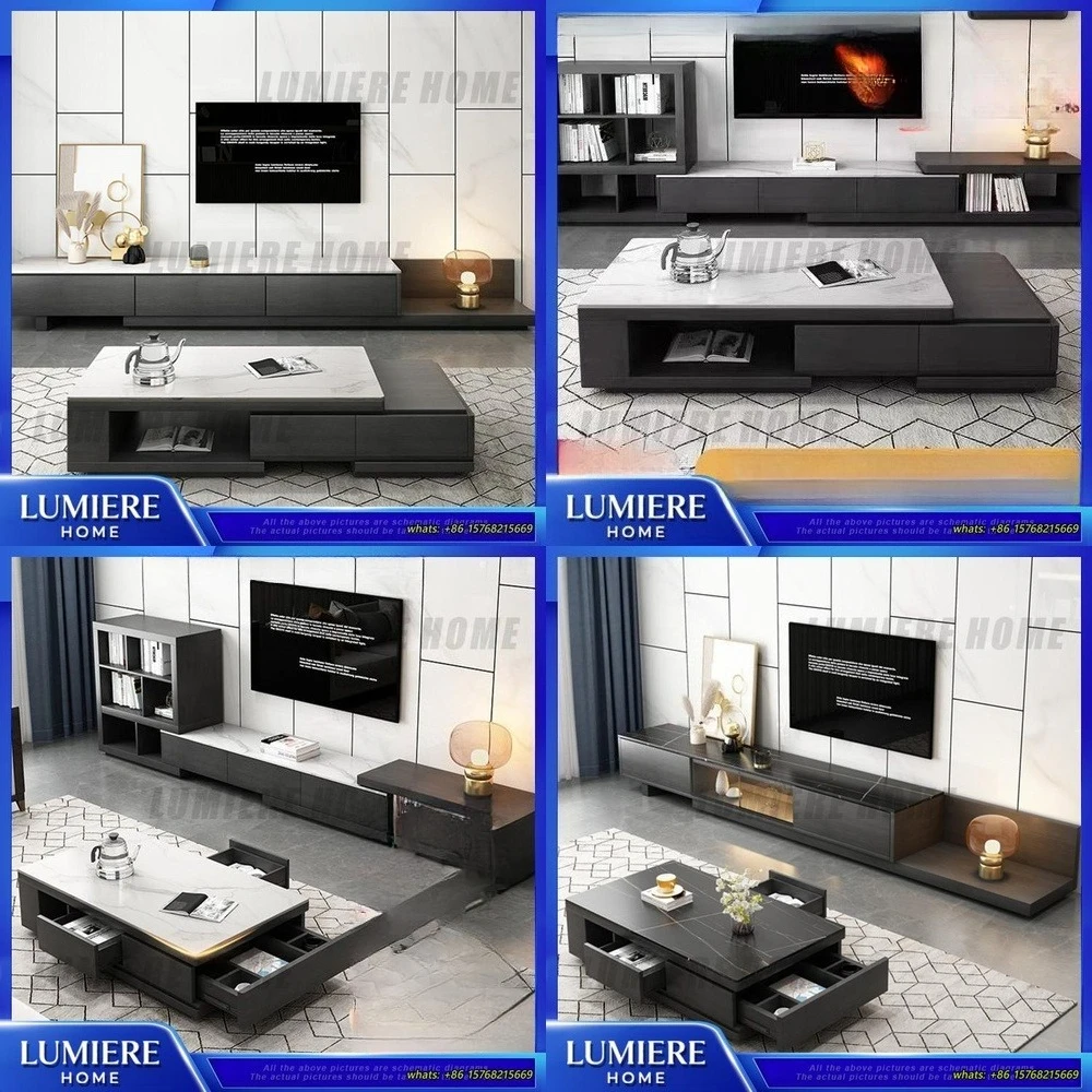 

Modern Extendable TV Stand with Coffee Table Combo for Living Room Minimalist Design Marble Top Multi Functional Storage