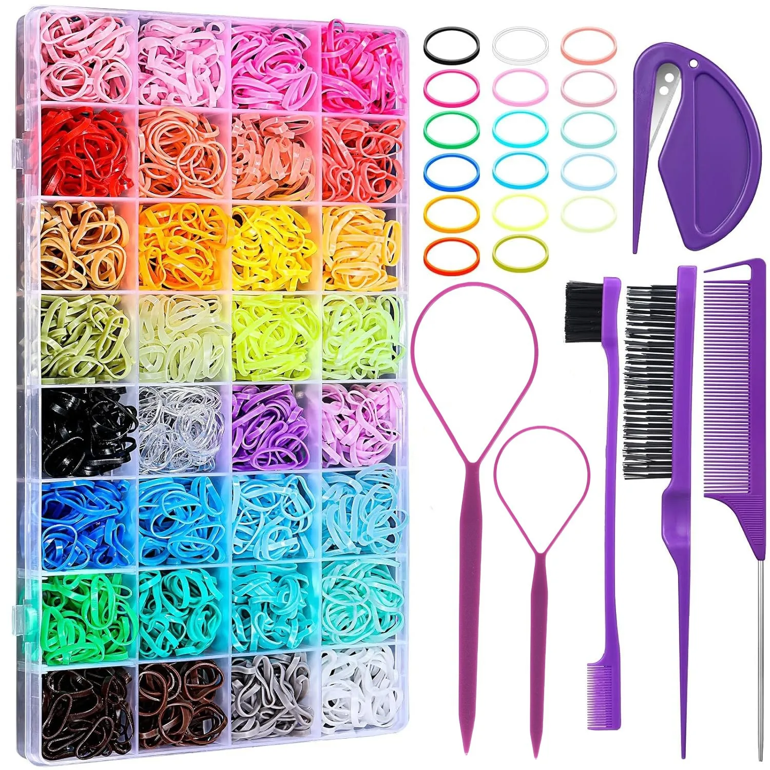 

2000 Pcs 32 Colors Mini Elastic Hair Ties Set with Styling Tools - Complete Hair Accessories Kit