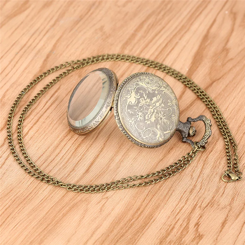 Reloj de bolsillo de cuarzo para hombre y mujer, pulsera con esfera colorida de bronce, cadena con número romano, cubierta transaparente, medio cazador