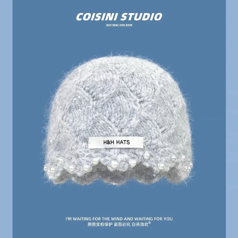 Ins الحلو اللؤلؤ الترتر تصميم بيني ملونة للنساء الخريف والشتاء الدافئة تنوعا موضة عادية بلوفر مغزول القبعات